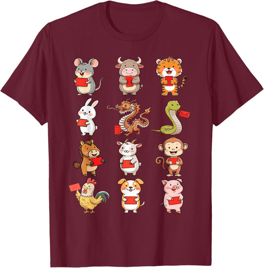 Chinese Zodiac Animals Rabbit Snake Horse Chinese New Year T-Shirt - T-Shirt | Maroon