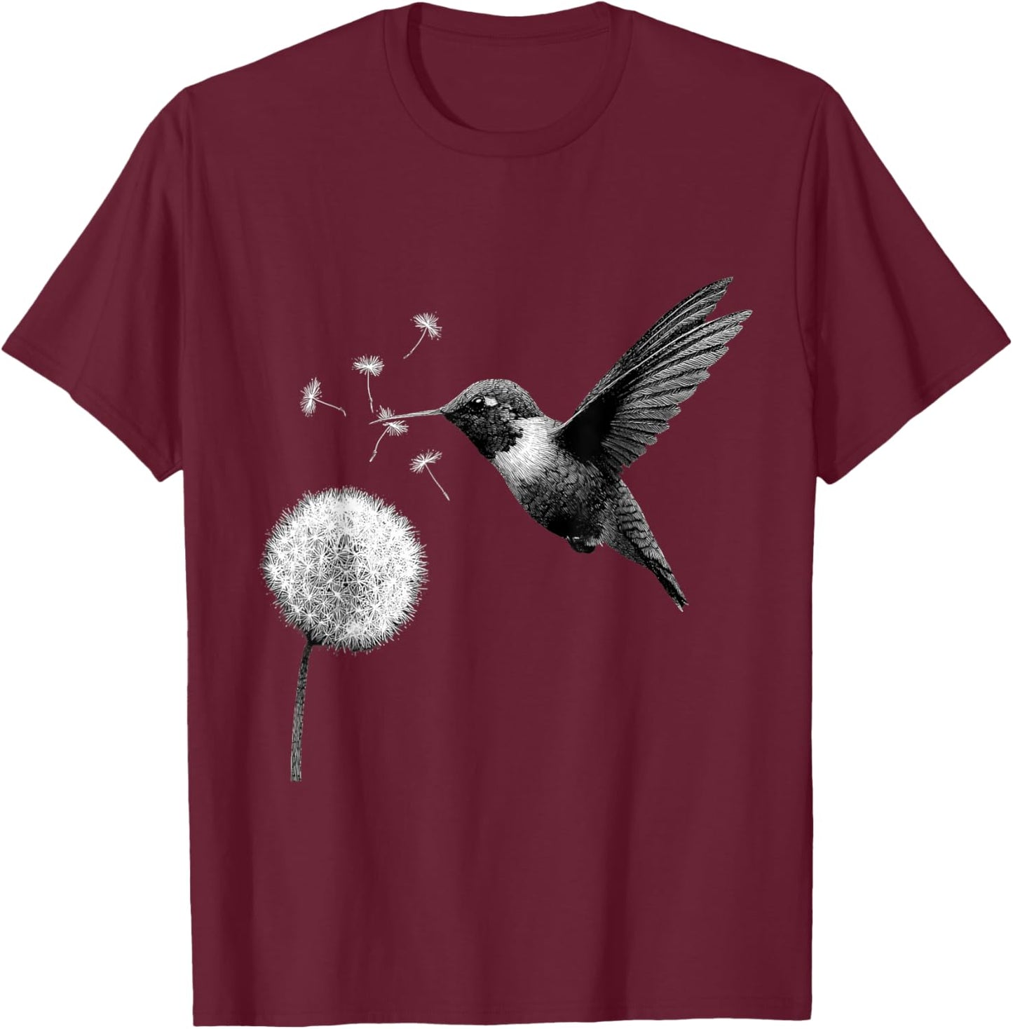 Hummingbird Dandelion Portrait Artwork Tropical Animal Art T-Shirt - T-Shirt | Maroon