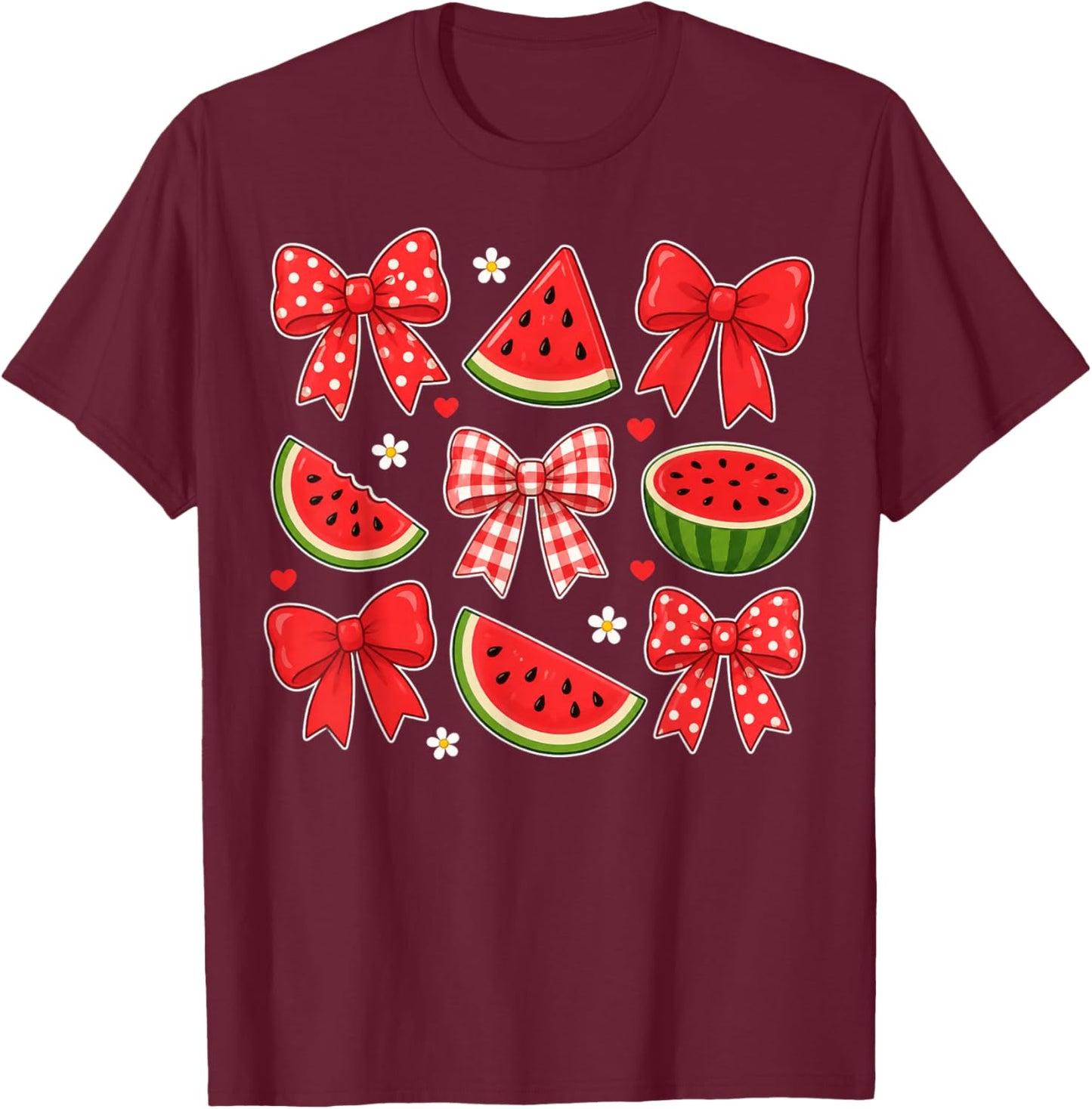 Summer Coquette Bow Watermelon Summer Vacation Women Girls T-Shirt - T-Shirt | Maroon