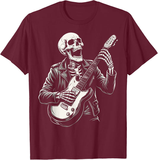 Funny Skeleton Playing Guitar Heavy Metal Punk Music Rock T-Shirt - T-Shirt | Maroon