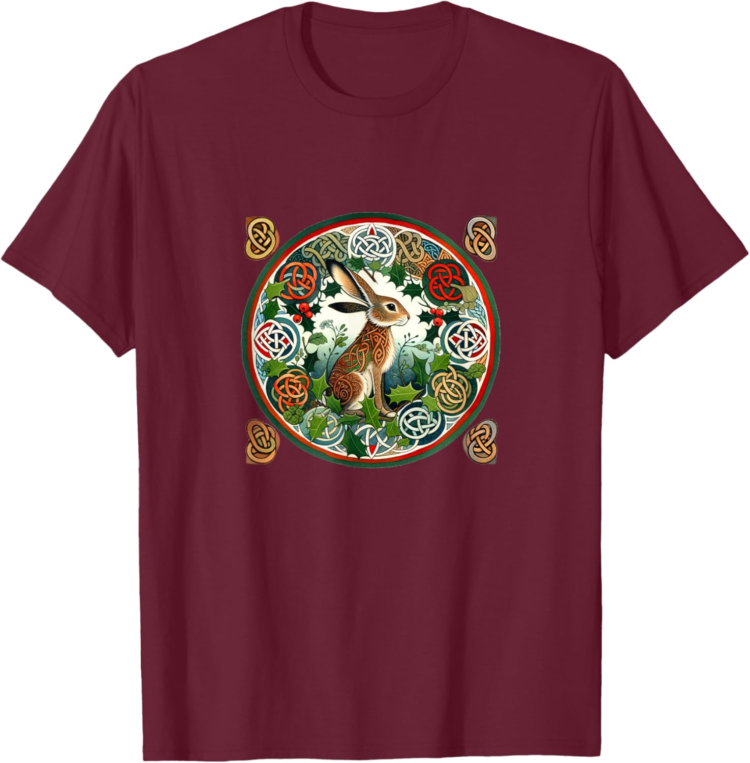 English Ivy Hare Illustration Garden Celtic Holly T-Shirt - T-Shirt | Maroon