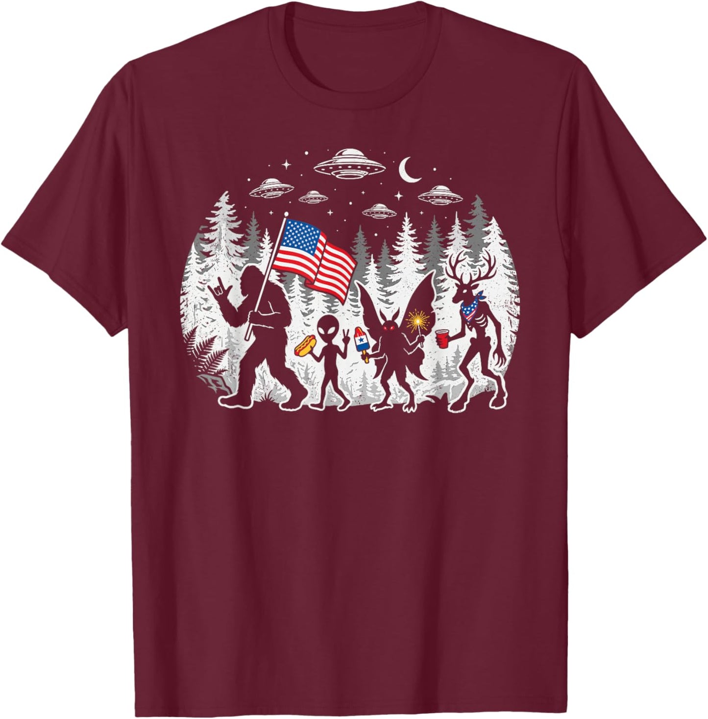 Funny Bigfoot Alien Patriotic 4th of July UFO Forest T-Shirt - T-Shirt | Maroon
