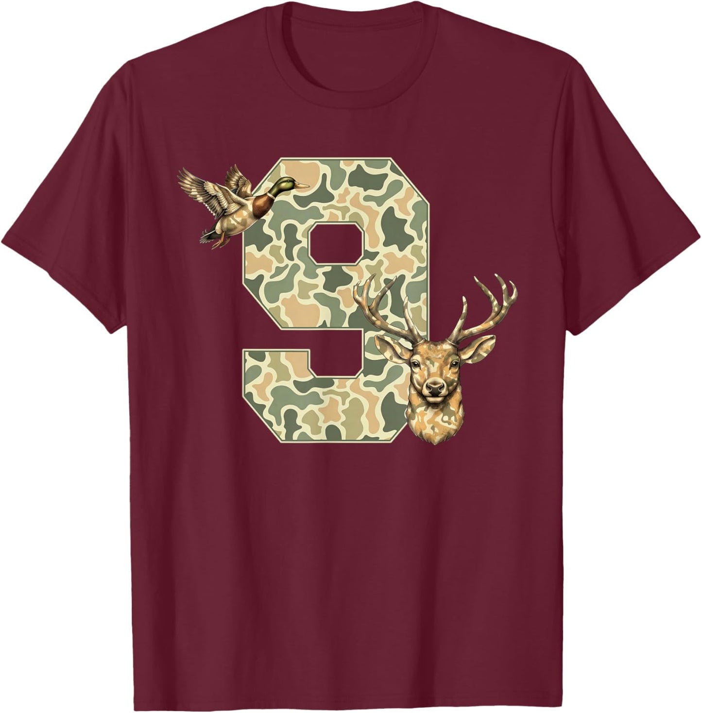 9 Years Old Kids 9th Birthday Boy Girl Camo Hunting T-Shirt - T-Shirt | Maroon