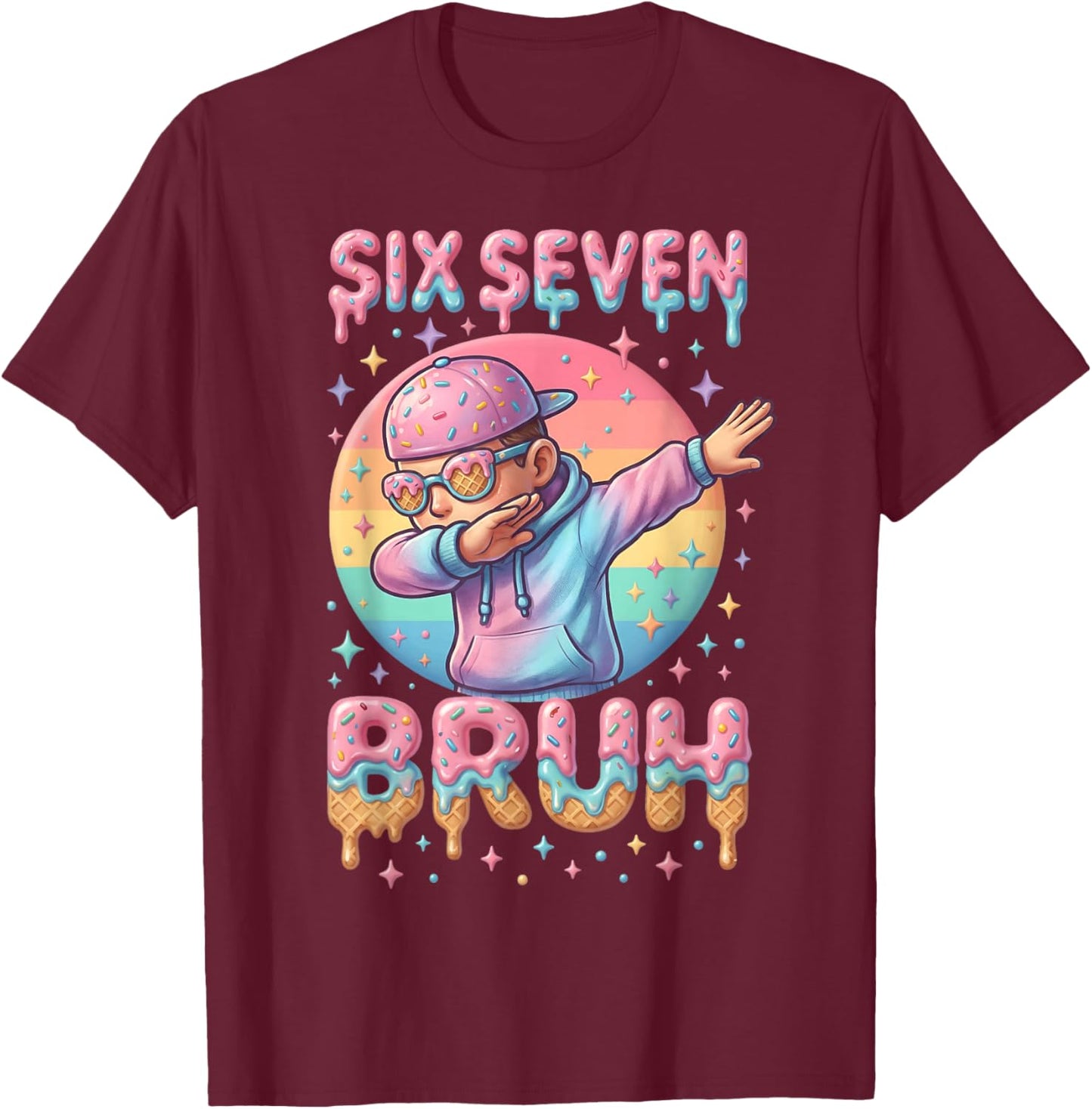 67 Bruh Ice Cream Drip 6 7 Numbers Meme Retro Dabbing Boy T-Shirt - T-Shirt | Maroon