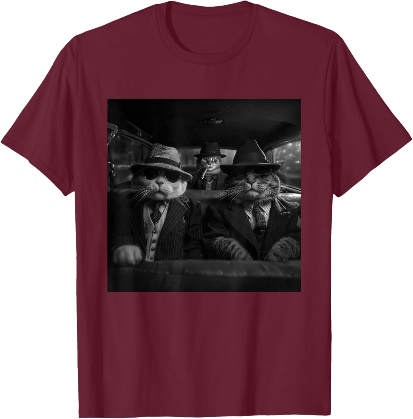 Mafia Cats in Car with Hats and Sunglasses Halloween Cats T-Shirt - T-Shirt | Maroon