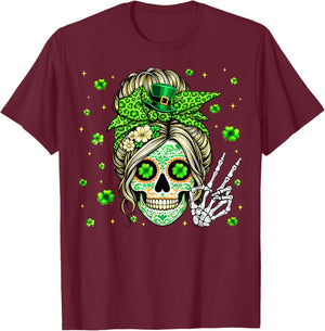 Sugar Skull Messy Bun Leopard Shamrock St Patricks Women T-Shirt - T-Shirt | Maroon