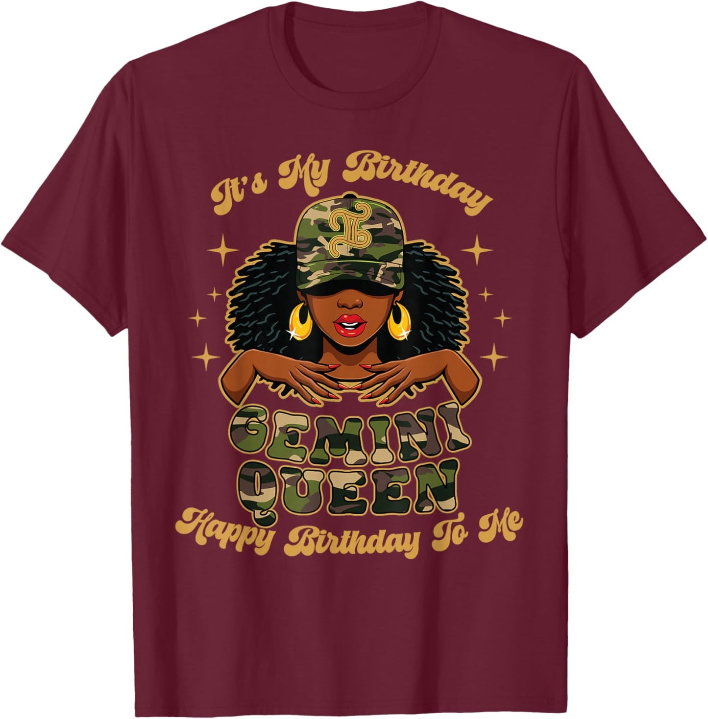 Birthday Gemini Queen Camo Black Woman African Zodiac Afro T-Shirt - T-Shirt | Maroon