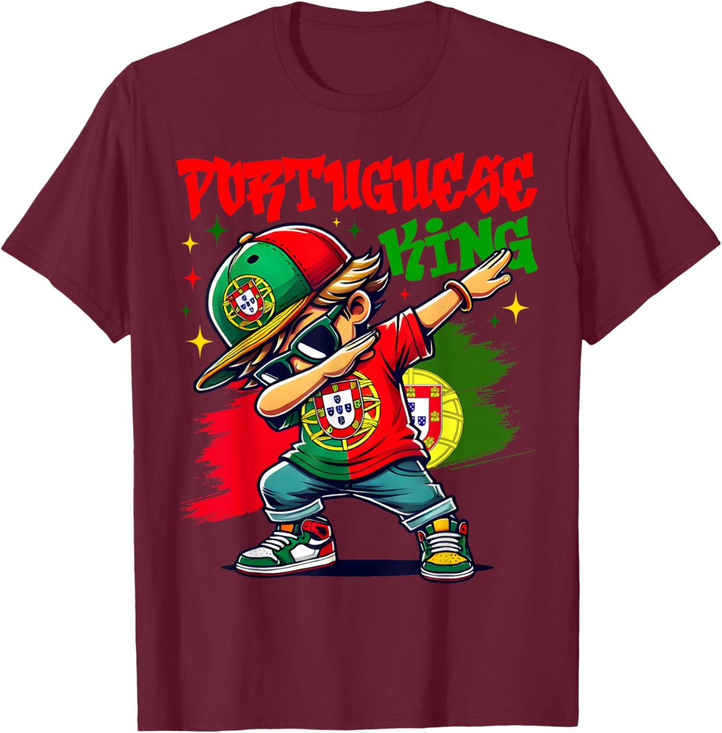 Portuguese King Dabbing Portugal Flag Pride for Kids T-Shirt - T-Shirt | Maroon