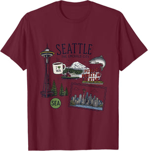 Seattle Washington City Skyline Space Needle Public Market T-Shirt - T-Shirt | Maroon