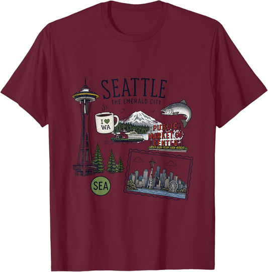 Seattle Washington City Skyline Space Needle Public Market T-Shirt - T-Shirt | Maroon