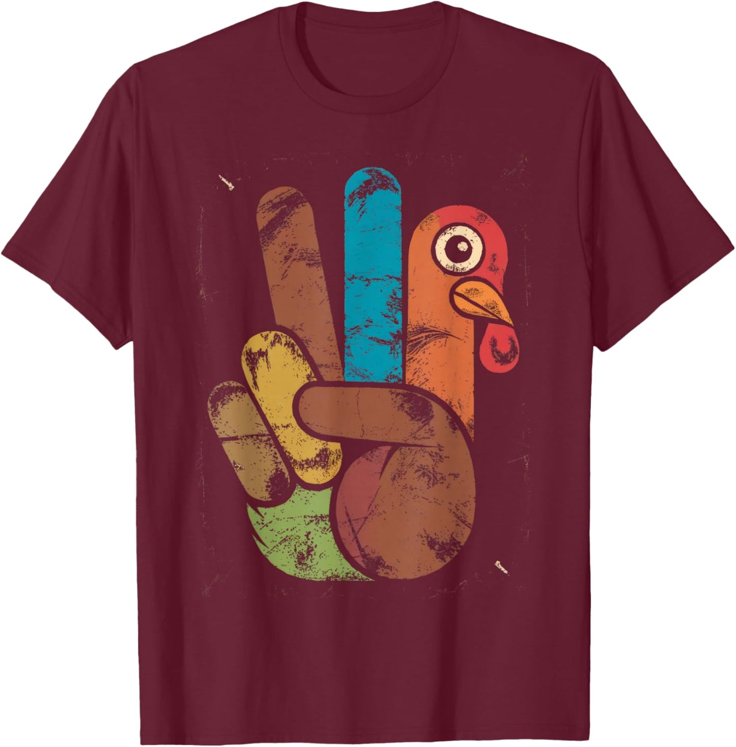 Thanksgiving Peace Sign Turkey Hand Funny Hippie T-Shirt - T-Shirt | Maroon