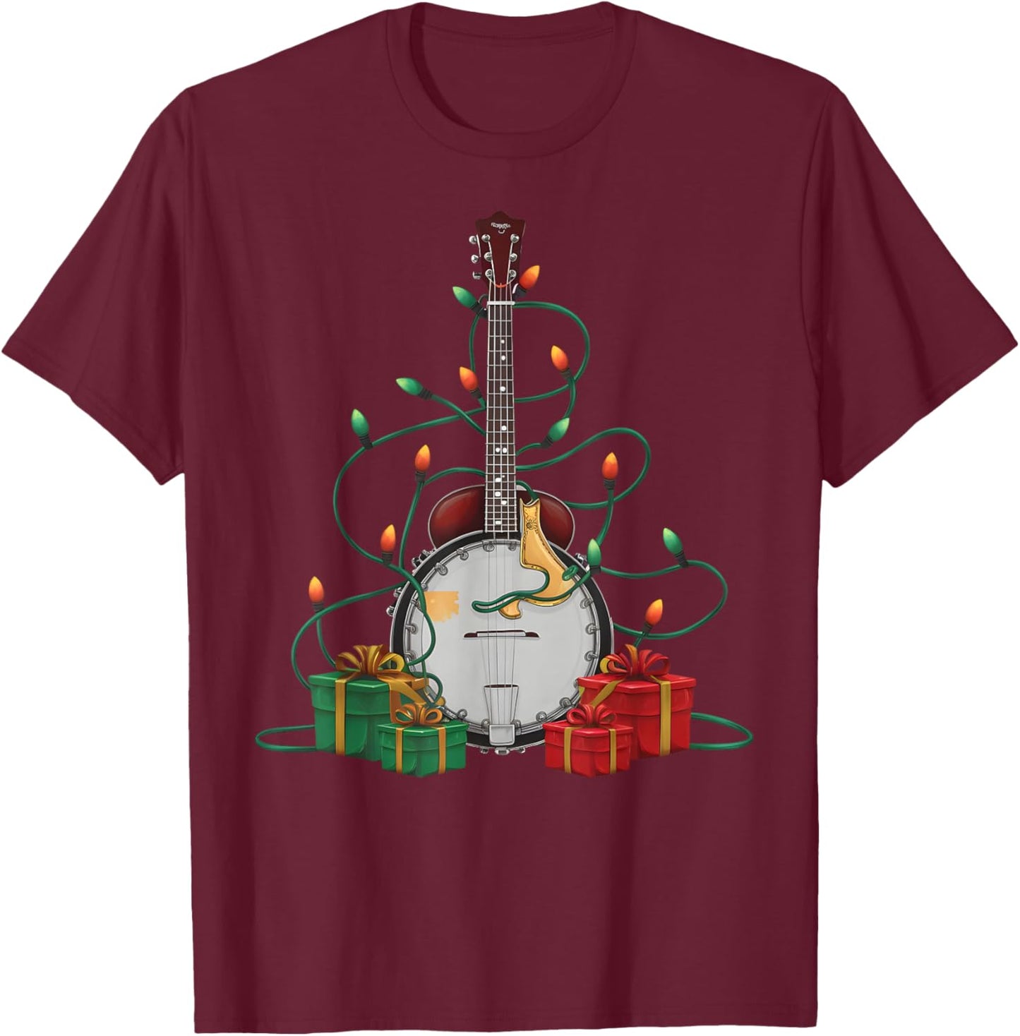 Xmas Lighting Santa Musical Banjo Christmas T-Shirt - T-Shirt | Maroon