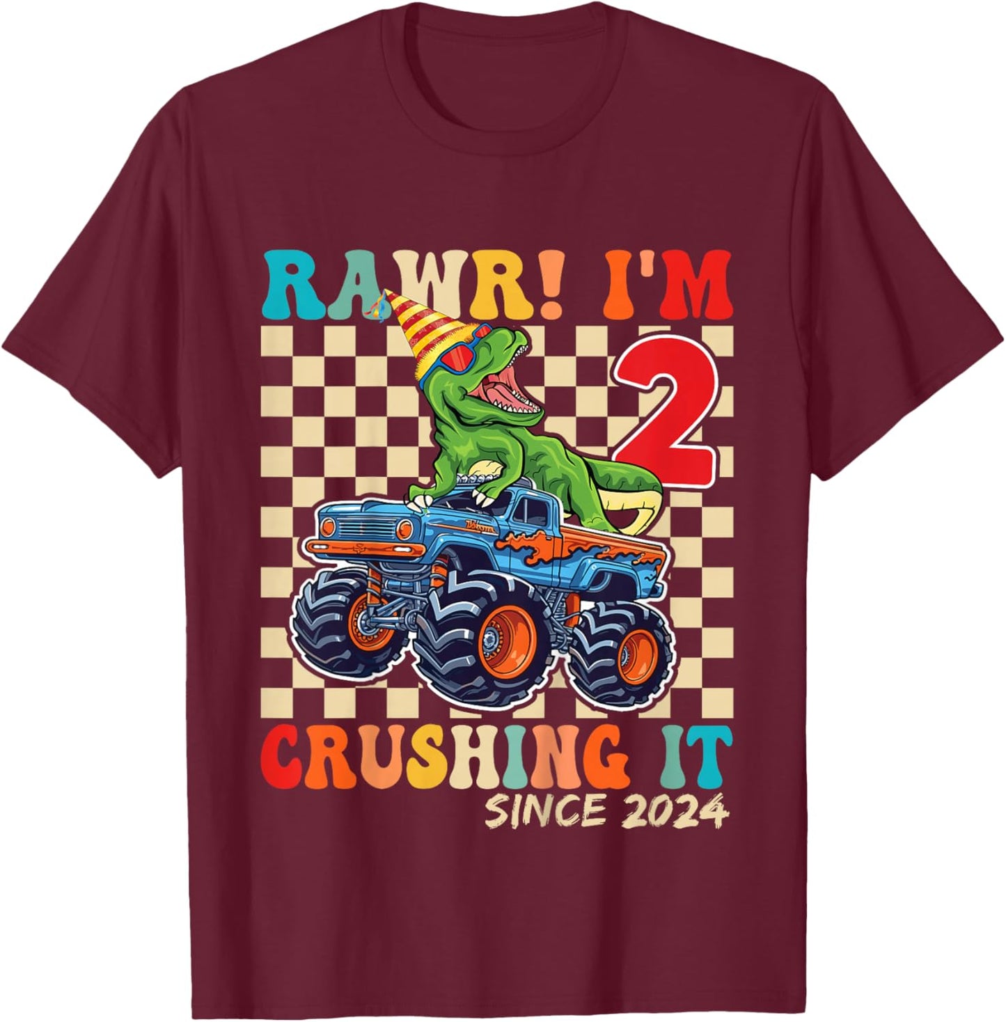 2nd Birthday Monster Truck Dinosaur Party Boys Rawr I'm 2 T-Shirt - T-Shirt | Maroon