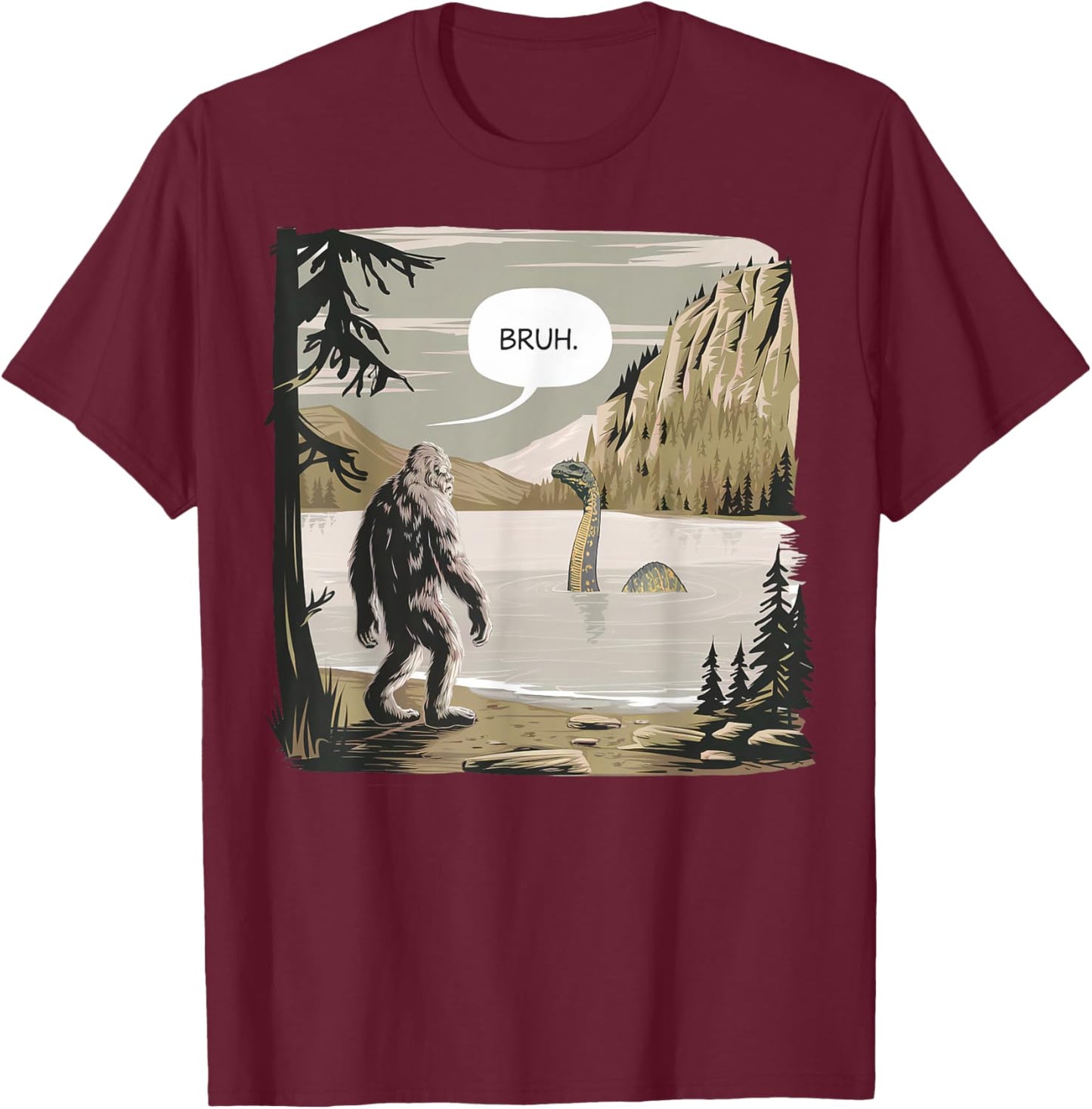 Bigfoot Loch Ness Monster Apparel Graphic -Adults & Kids Funny Graphic Black Short Sleeve Small T-Shirt - T-Shirt | Maroon