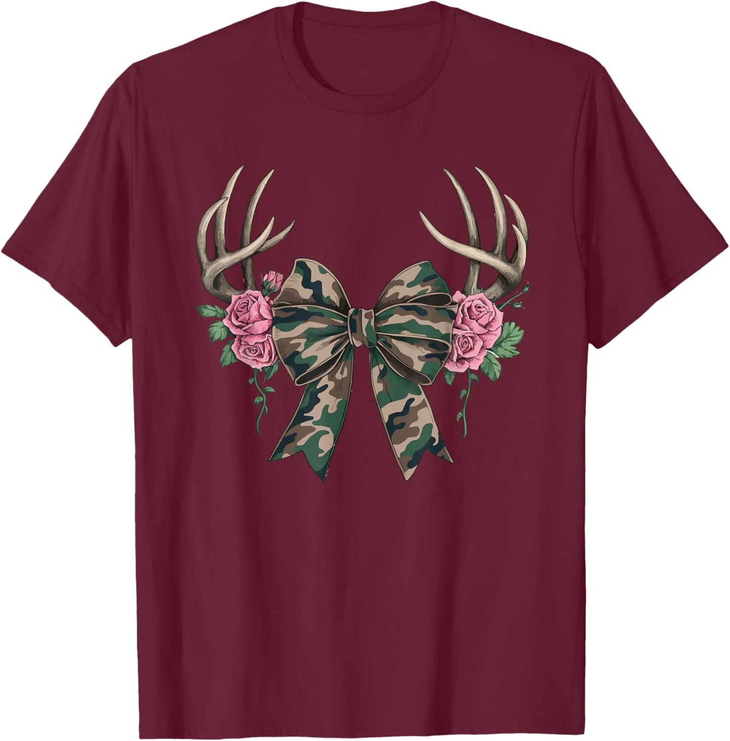 Coquette Camo Bow Camouflage Antlers Hunting Duck Women Girl T-Shirt - T-Shirt | Maroon