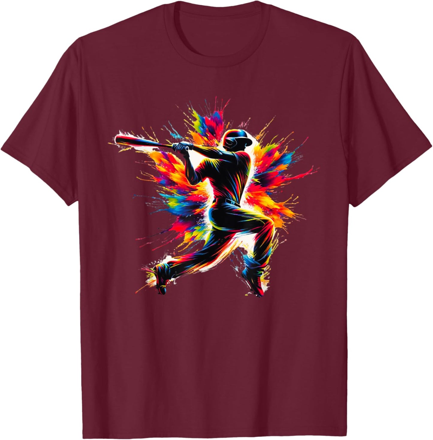 Baseball Player Batter Colorful Paint Splash Baseball Sports T-Shirt - T-Shirt | Maroon
