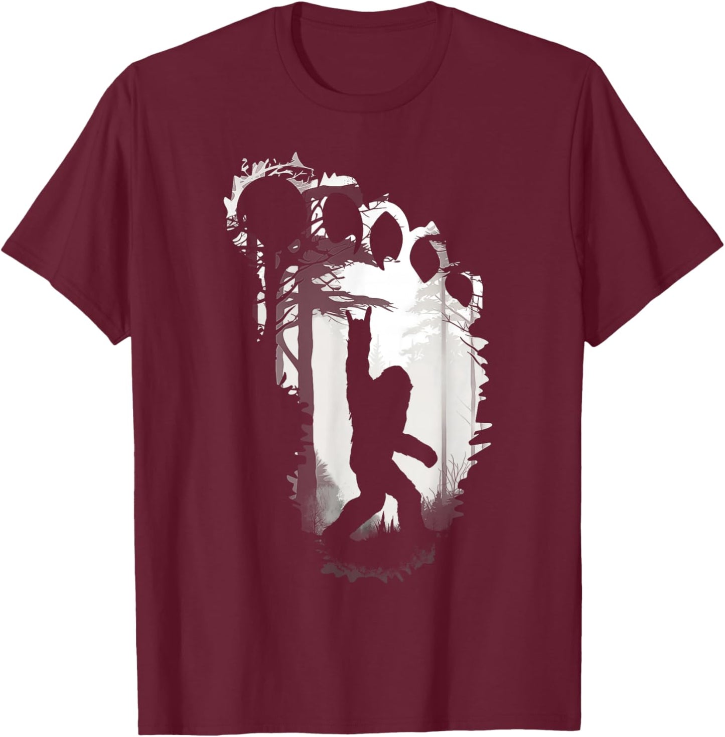 Bigfoot Rock On in The Forest Funny Sasquatch Footprint Meme T-Shirt - T-Shirt | Maroon