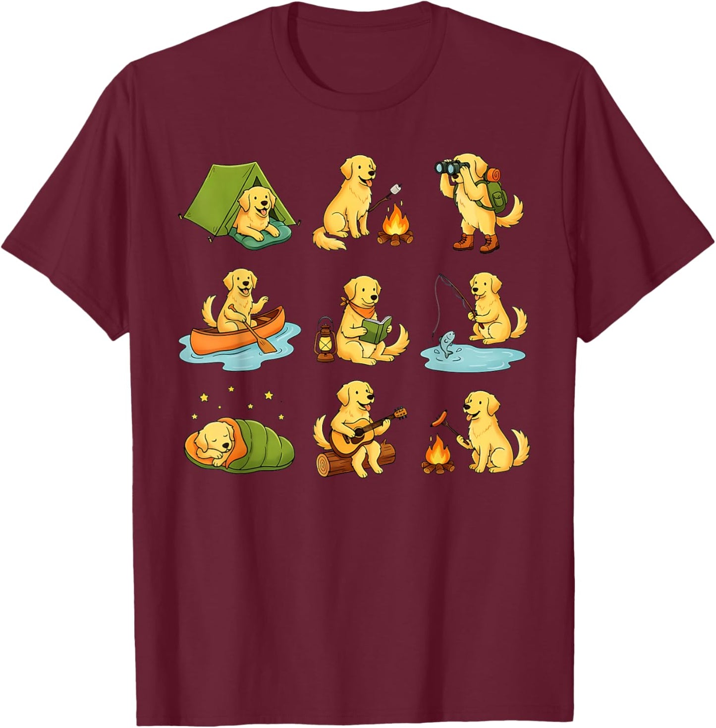 Golden Retriever Camping Cute Dog Hiking Camper T-Shirt - T-Shirt | Maroon