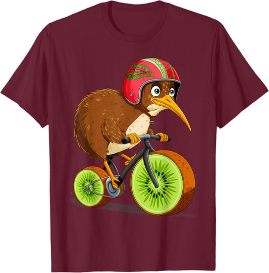Cute Animal Kiwi Cycling New Zealand T-Shirt - T-Shirt | Maroon