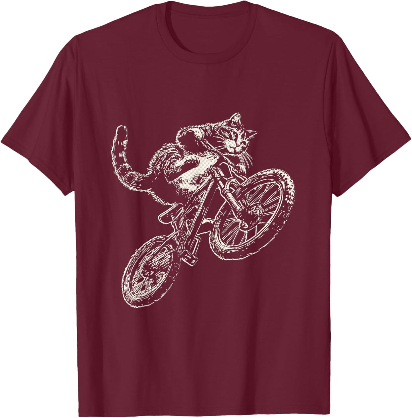 Cat Doing Wheelie on Mountain Bike Funny Cycling Art T-Shirt - T-Shirt | Maroon