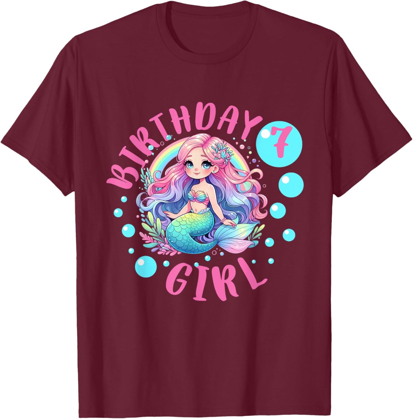 Cute Mermaid 7th Birthday Girl 7 Year Old Bday Mermaid T-Shirt - T-Shirt | Maroon
