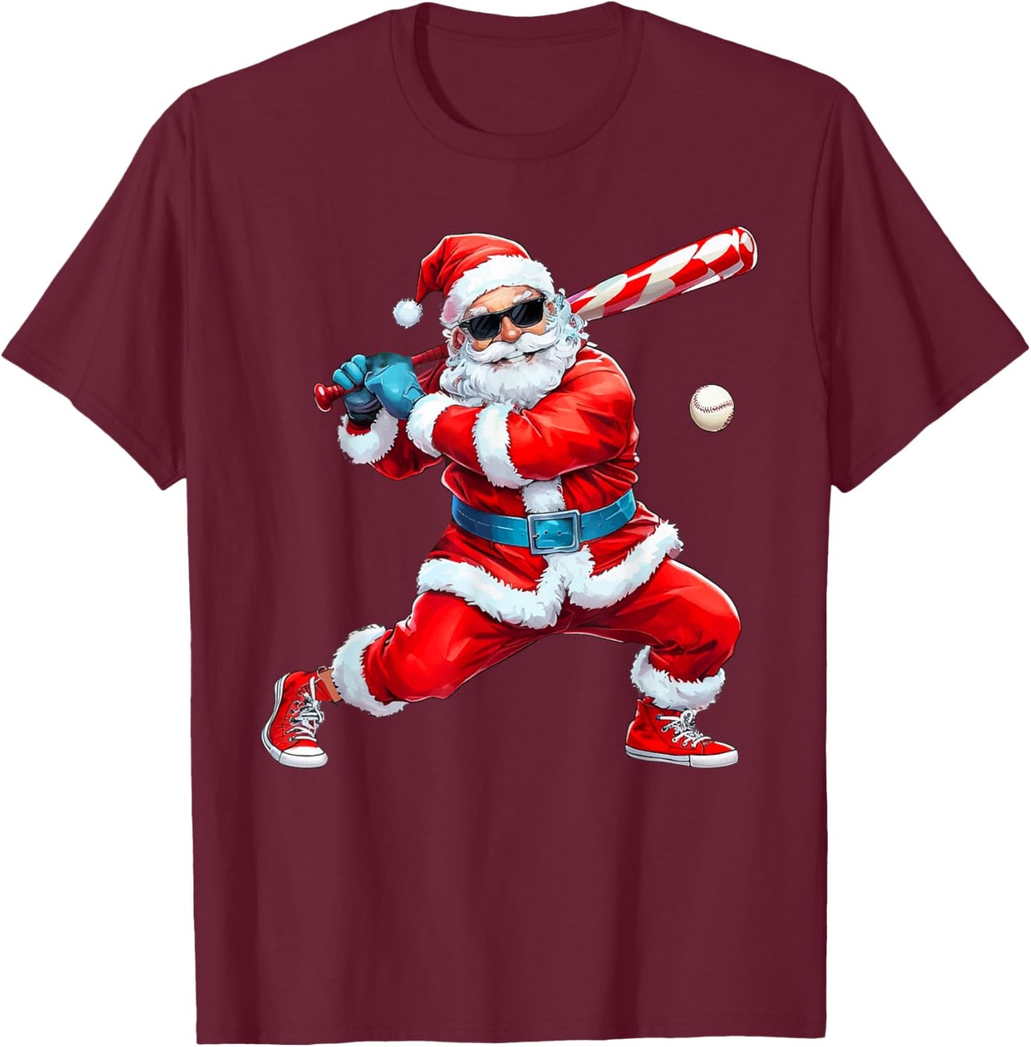 Santa Playing Baseball Christmas Baseball Player T-Shirt - T-Shirt | Maroon