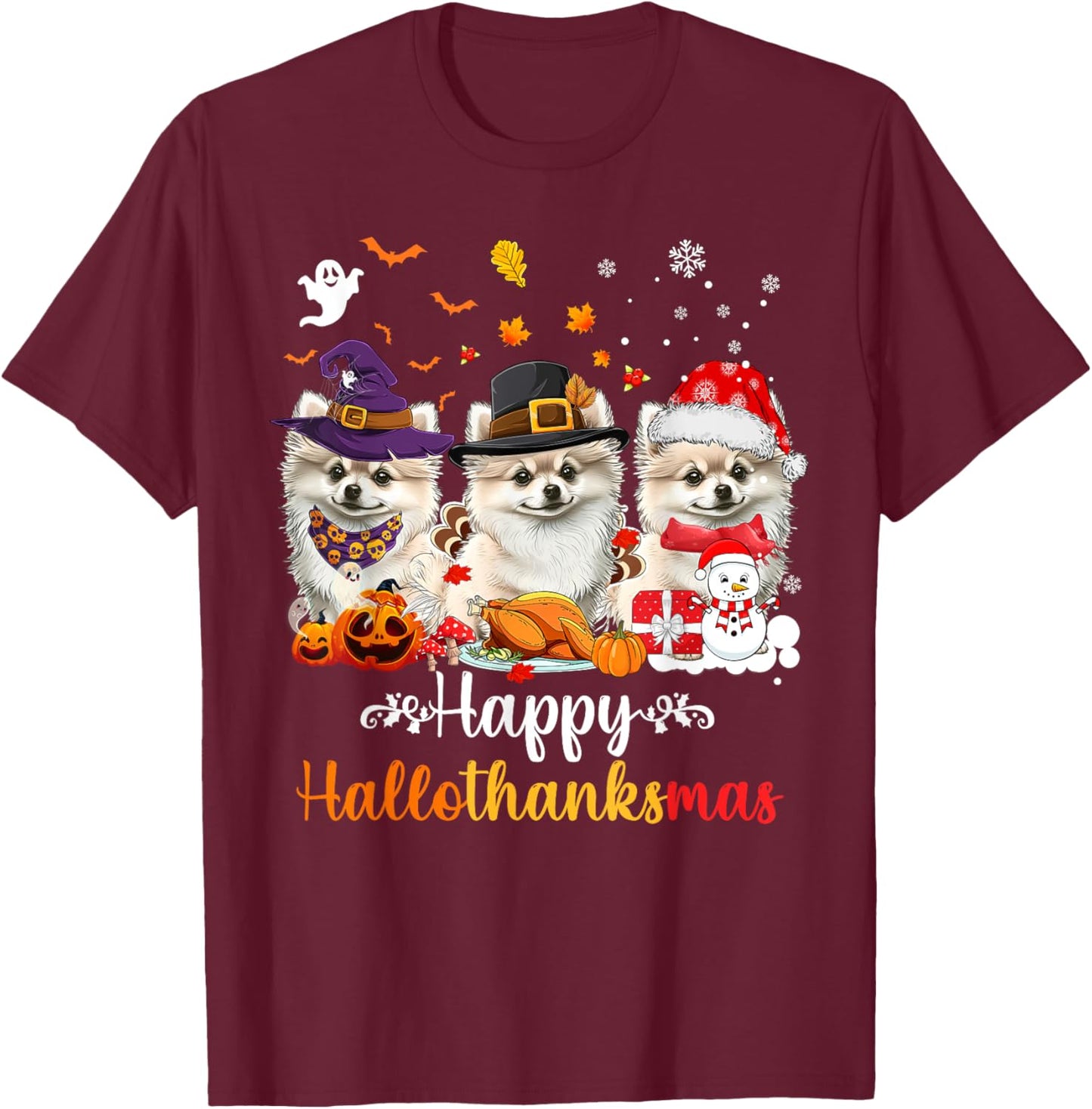 Happy Hallothanksmas Pomeranian Dog Halloween Christmas Men Women Kids T-Shirt - T-Shirt | Maroon