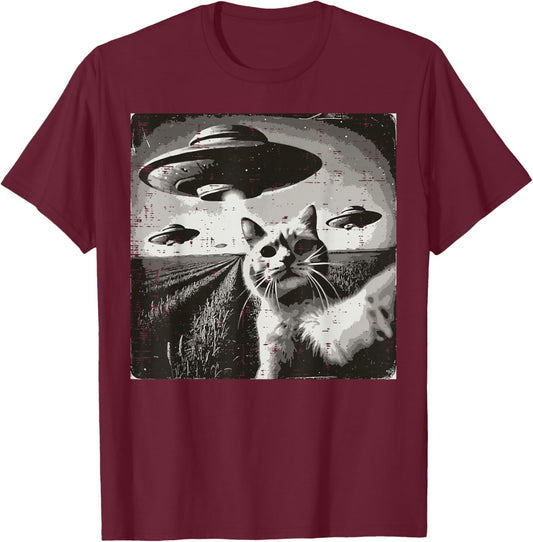 Cat Selfie Alien Ufo Funny Space Kitten Meme Men Women Kids T-Shirt - T-Shirt | Maroon