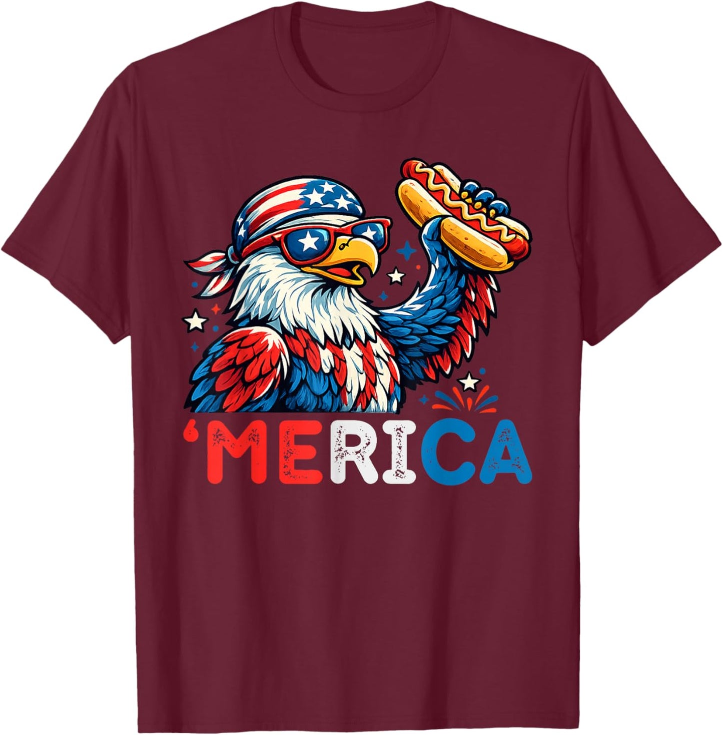 Funny Merica Bald Eagle Hotdog US Patriotic July 4th 2026 T-Shirt - T-Shirt | Maroon