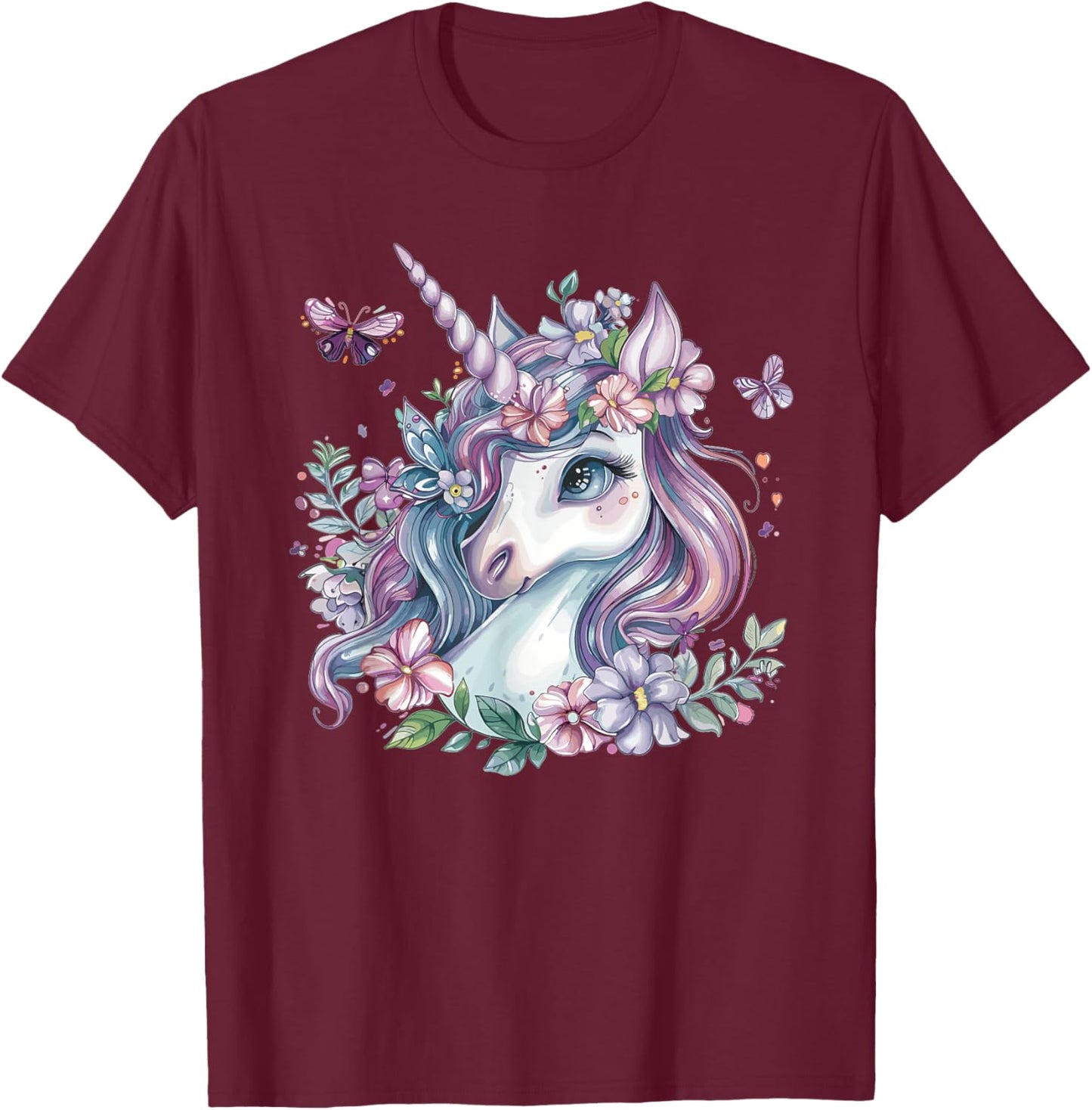 Cute Unicorn With Flowers I Kids Unicorn T-Shirt - T-Shirt | Maroon