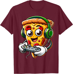 Funny Gamer Pizza Gaming Food Lovers Play Video Games T-Shirt - T-Shirt | Maroon