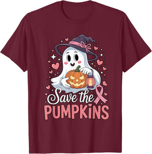 Save The Pumpkins Pink Ribbon Halloween Ghost Breast Cancer T-Shirt - T-Shirt | Maroon