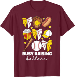 Busy Raising Ballers Baseball And Softball Mom Coquette Bow T-Shirt - T-Shirt | Maroon