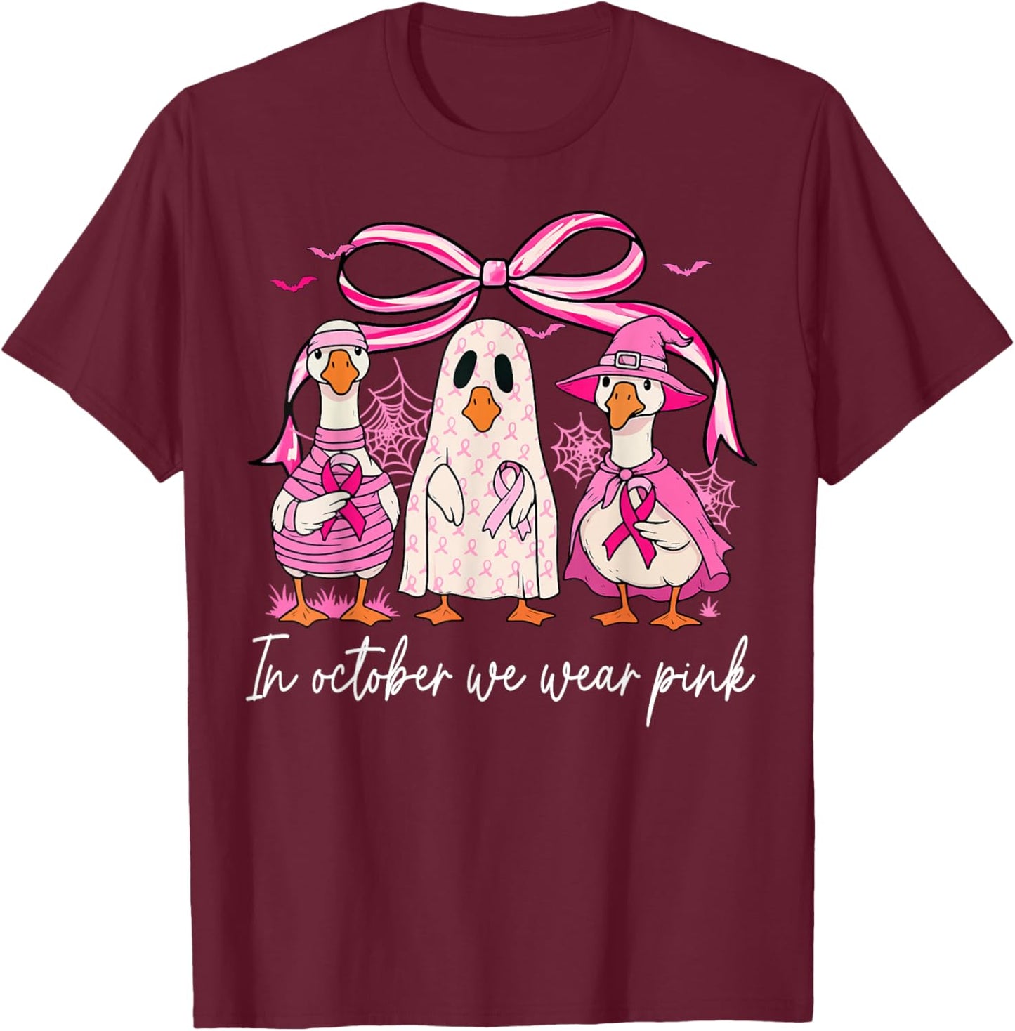 in October We Wear Pink Breast Cancer Ghost Goose Halloween T-Shirt - T-Shirt | Maroon
