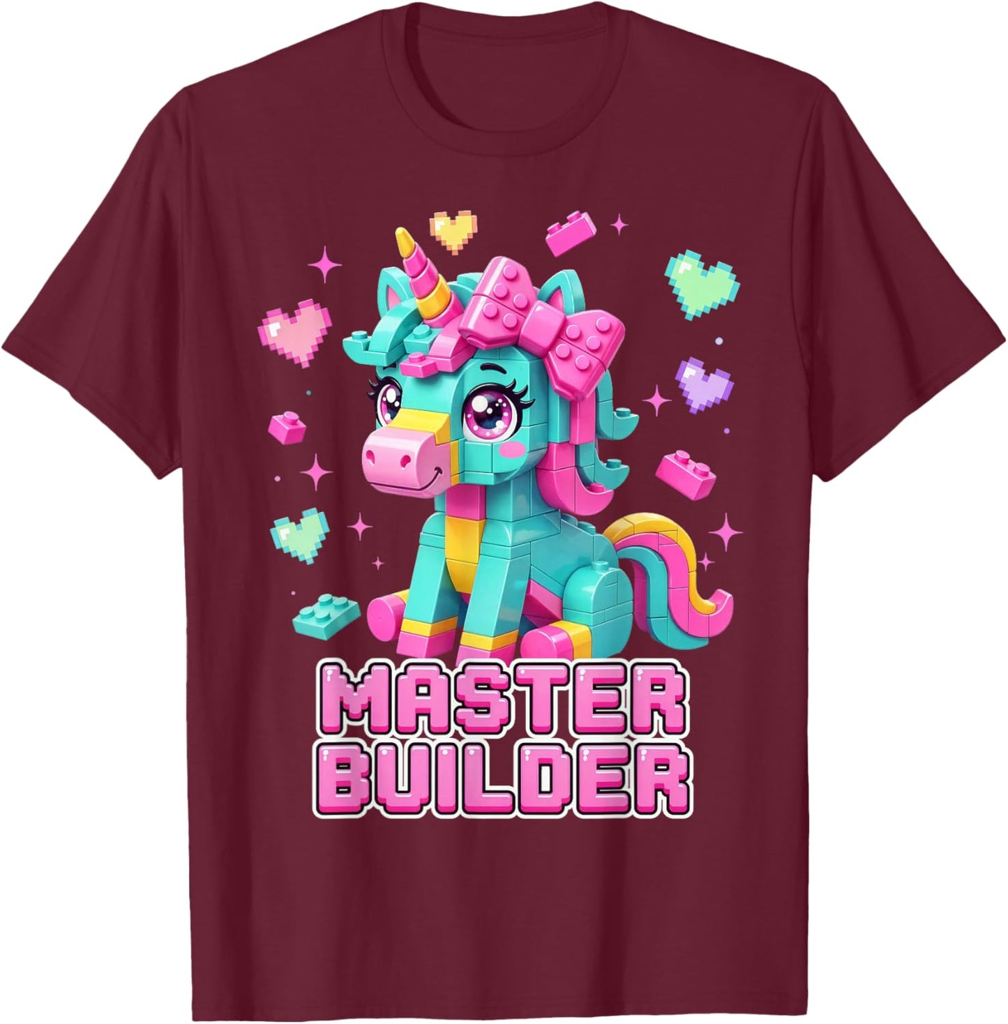 Master Builder Kids Girls Building Bricks Unicorn Lover T-Shirt - T-Shirt | Maroon