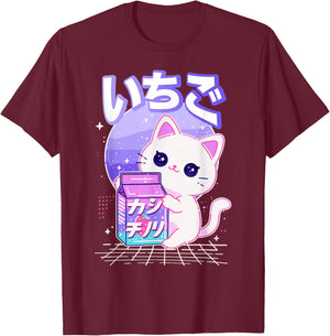 Cat Strawberry Milk Anime 90s Japanese Cat Japan T-Shirt - T-Shirt | Maroon