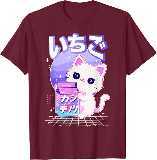 Cat Strawberry Milk Anime 90s Japanese Cat Japan T-Shirt - T-Shirt | Maroon