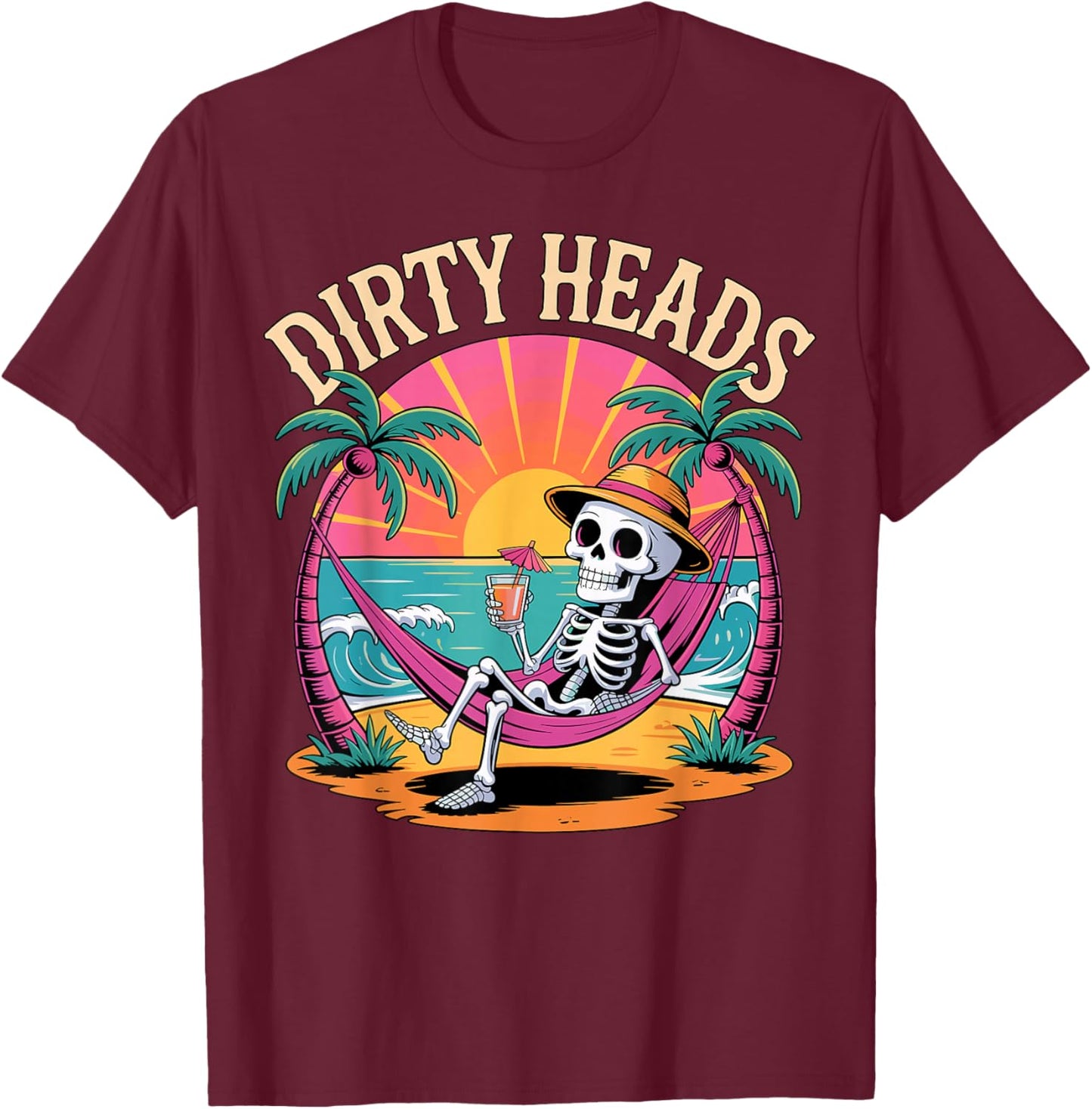Dirty Heads Skeleton Beach Summer Vacation T-Shirt - T-Shirt | Maroon