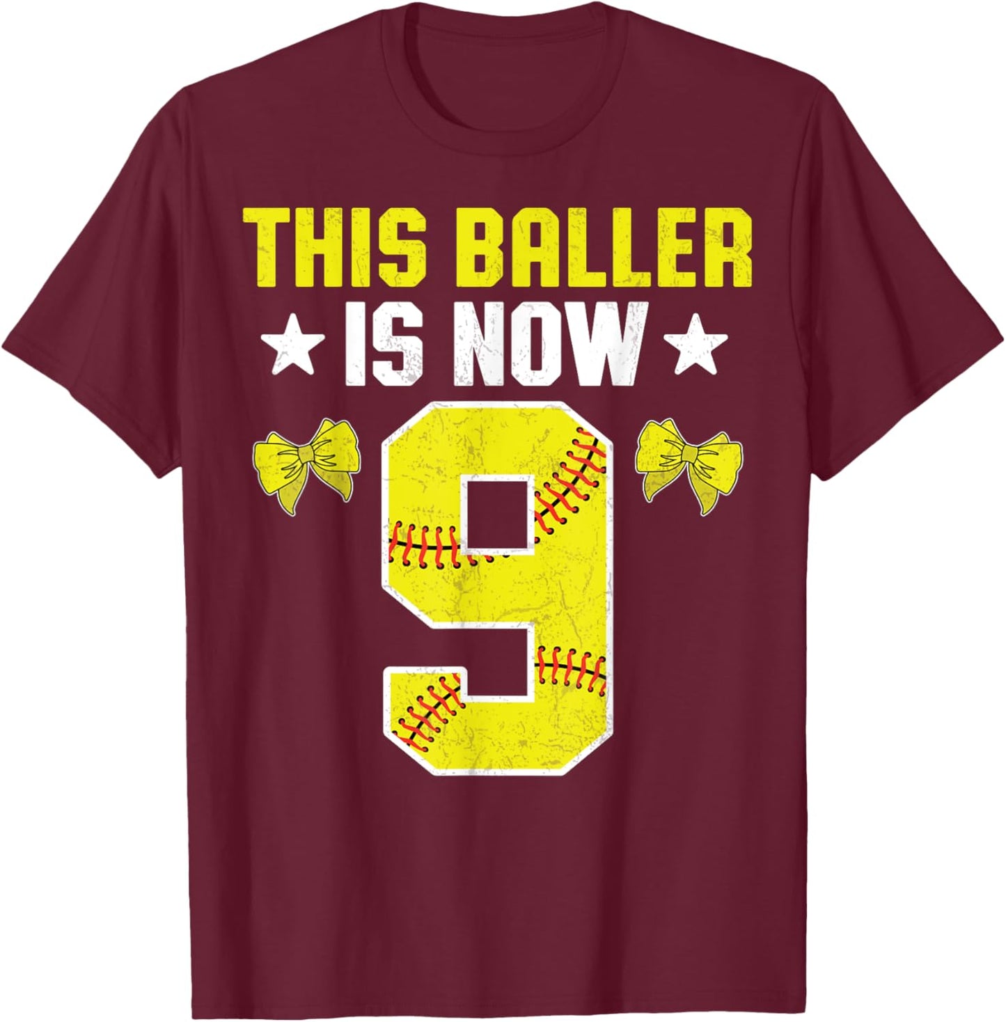 9th Birthday Party Softball Player This Baller Is Now 9 T-Shirt - T-Shirt | Maroon