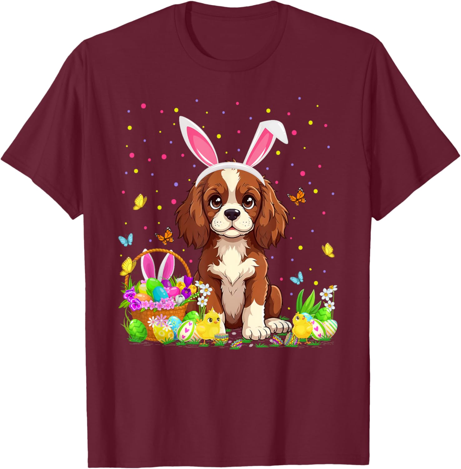Cavalier King Charles Spaniel Dog Easter Egg Hunt Bunny Ear T-Shirt - T-Shirt | Maroon