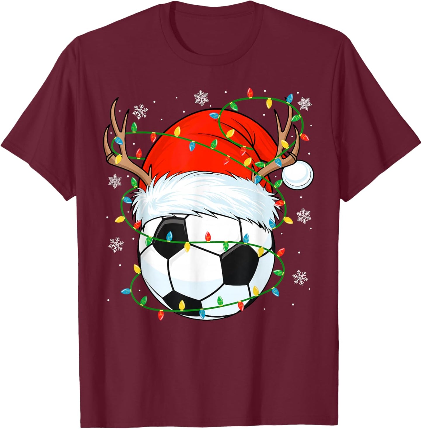 Santa Soccer Ball Xmas Lights Christmas Soccer Player T-Shirt - T-Shirt | Maroon