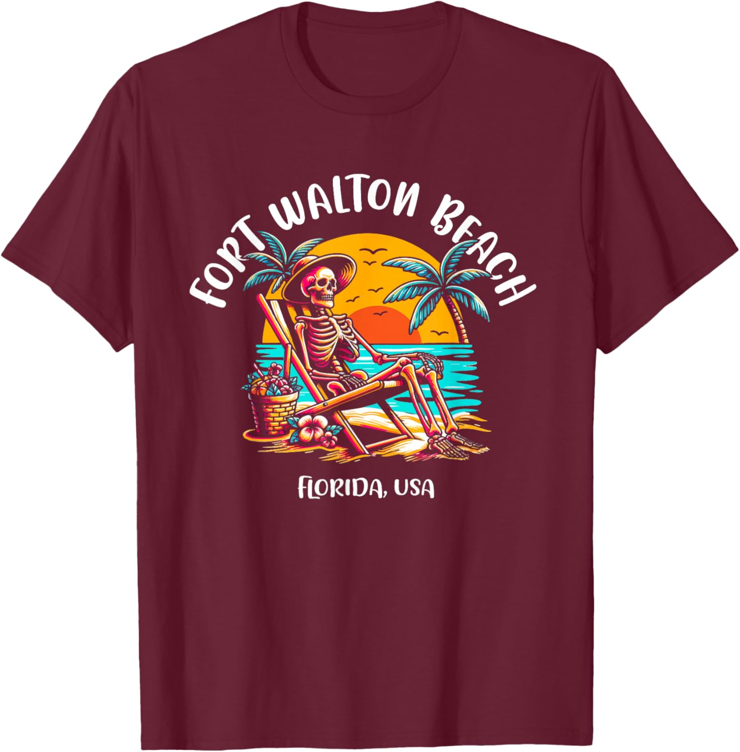 Fort Walton Beach Florida Fun Skeleton in The Hot Sun Design T-Shirt - T-Shirt | Maroon
