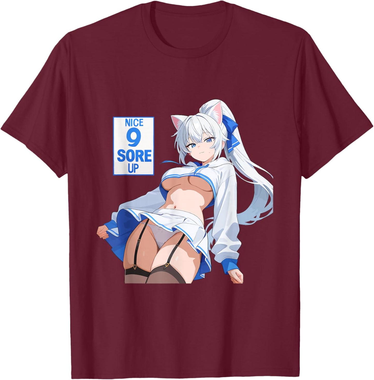 Sexy Waifu Anime Girl Cat Kitten Ears Lingerie Japanese Art T-Shirt - T-Shirt | Maroon