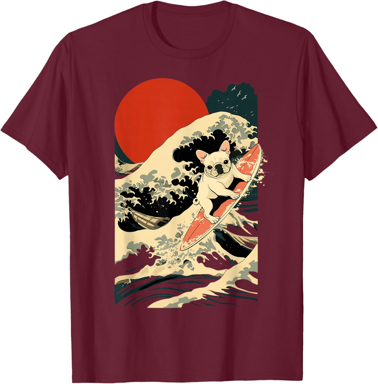 French Bulldog Surfing Japanese T-Shirt - T-Shirt | Maroon