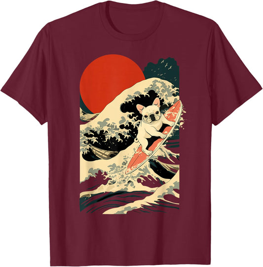 French Bulldog Surfing Japanese T-Shirt - T-Shirt | Maroon