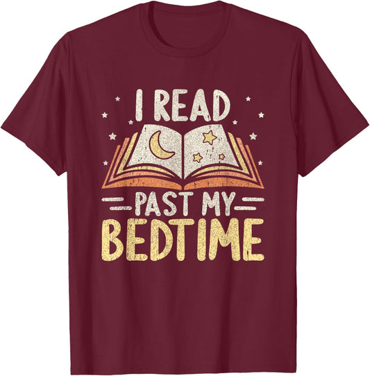 I Read Past My Bedtime Moon Stars Open Book T-Shirt - T-Shirt | Maroon