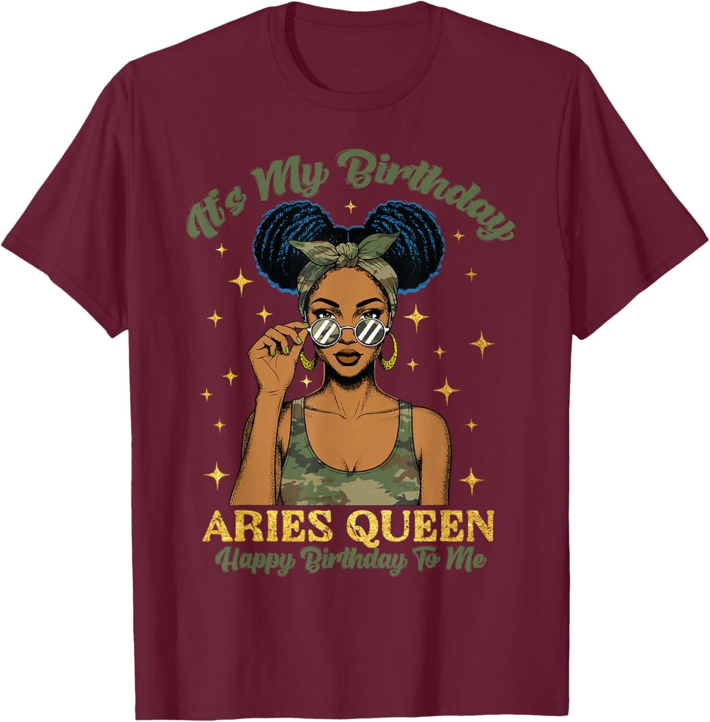 Birthday Aries Queen Camo Black Woman African Zodiac Afro T-Shirt - T-Shirt | Maroon