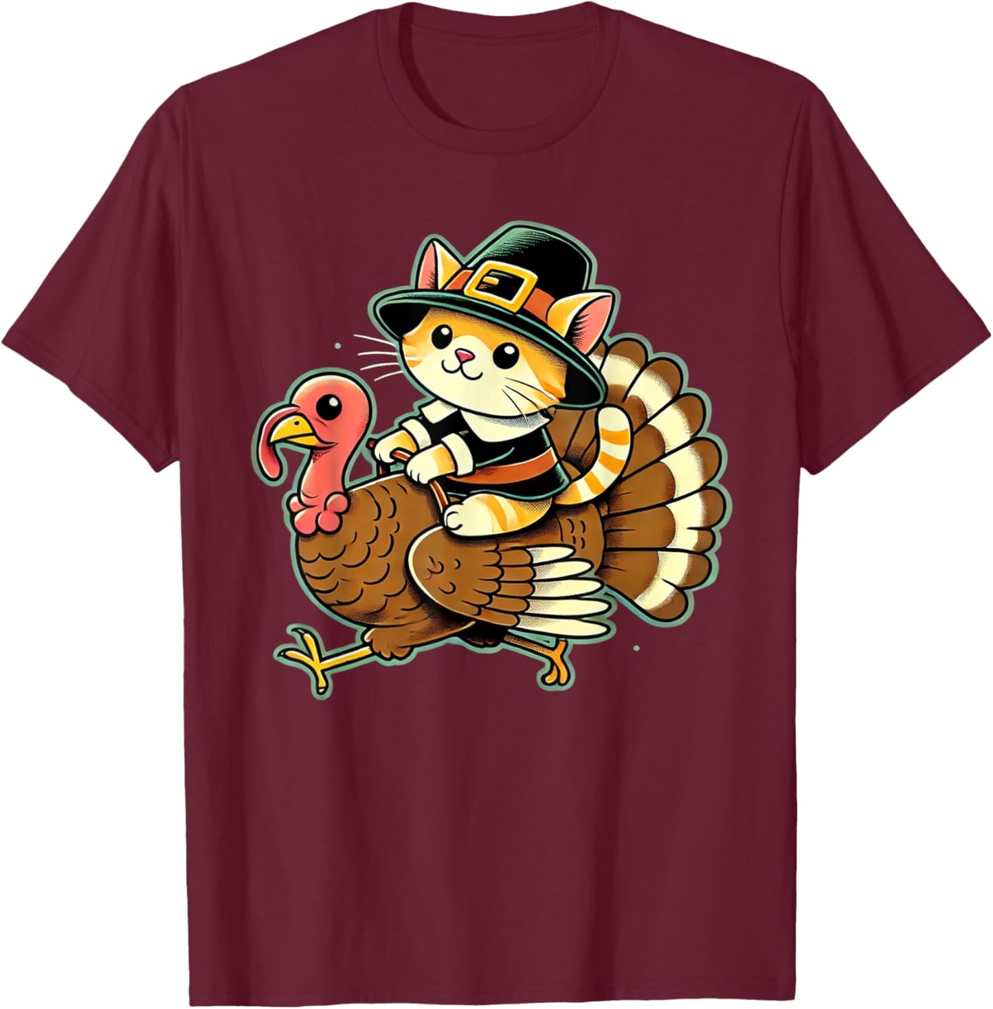 Cute Cat Pilgrim Costume And Turkey Funny Thanksgiving Retro Women Girls Kids T-Shirt - T-Shirt | Maroon