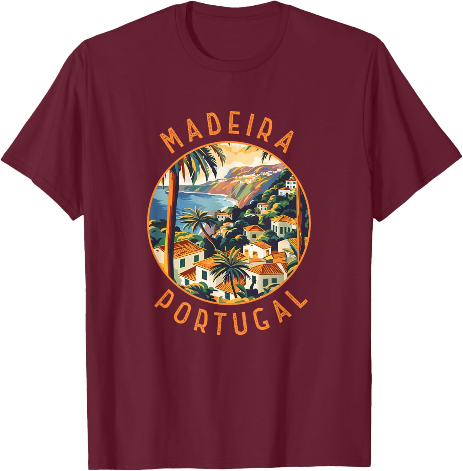 Madeira Portugal Retro Distressed Circle Vintage T-Shirt - T-Shirt | Maroon
