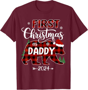 First Christmas As Daddy 2024 Bear Santa Hat Pregnancy Baby T-Shirt - T-Shirt | Maroon
